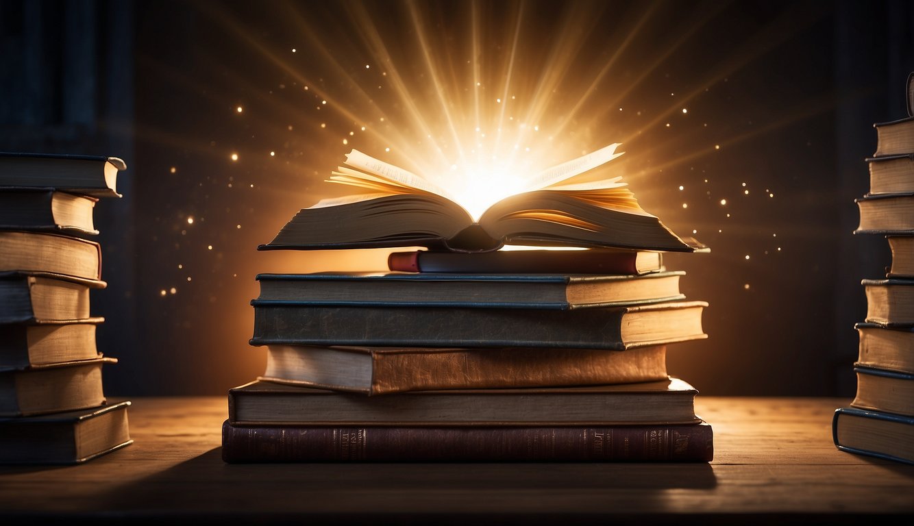 A stack of open books with a glowing light shining on one, surrounded by a halo of smaller books. Rays of light emanate from the central book, symbolizing the importance of consistent study and the best book of the Bible for new believers