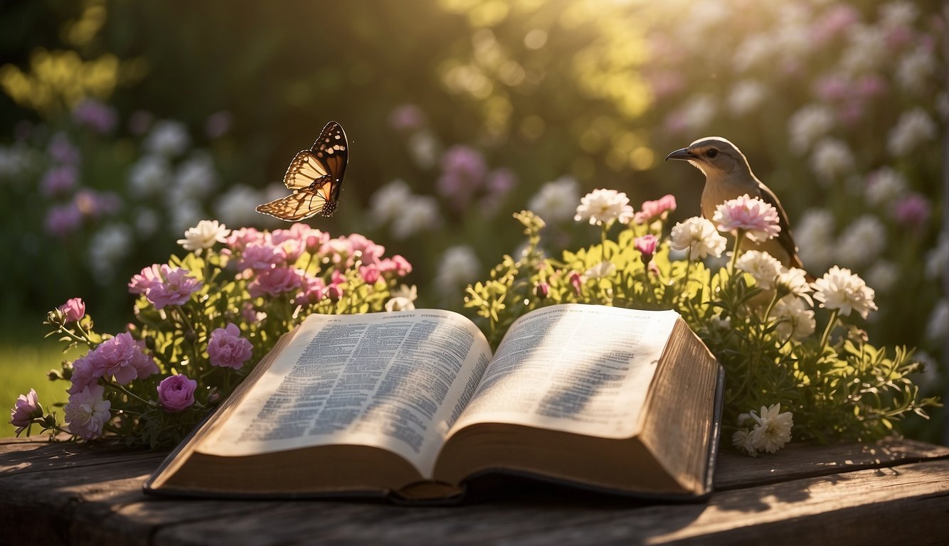 A serene, sunlit garden with an open Bible resting on a wooden bench, surrounded by blooming flowers and chirping birds