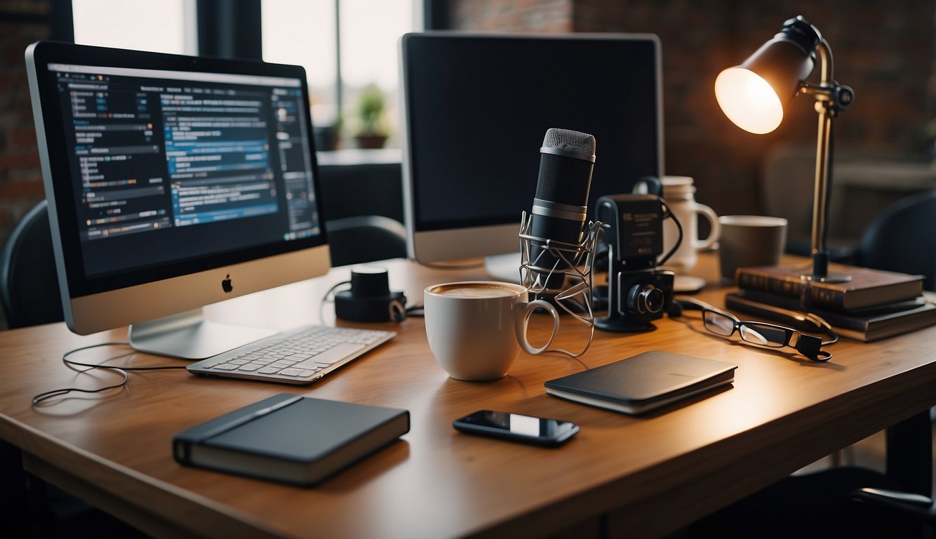 A desk with a computer, microphone, and Bible. A camera, lighting equipment, and editing software are nearby. A notebook with brainstorming ideas and a cup of coffee sit on the desk