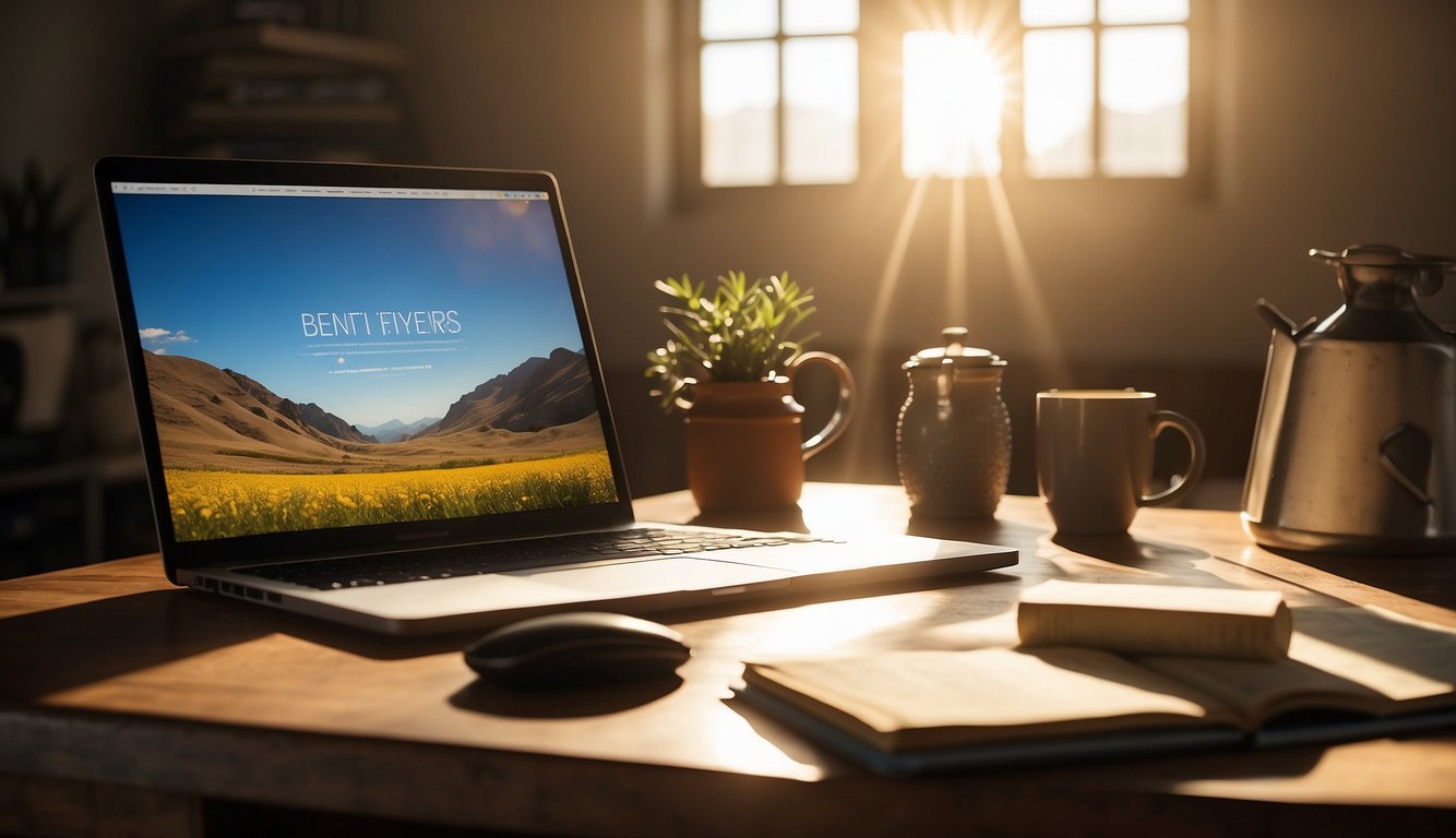 A bright light shines down on a desk with a Bible, laptop, and art supplies. A thought bubble above shows ideas flowing for Christian content creation