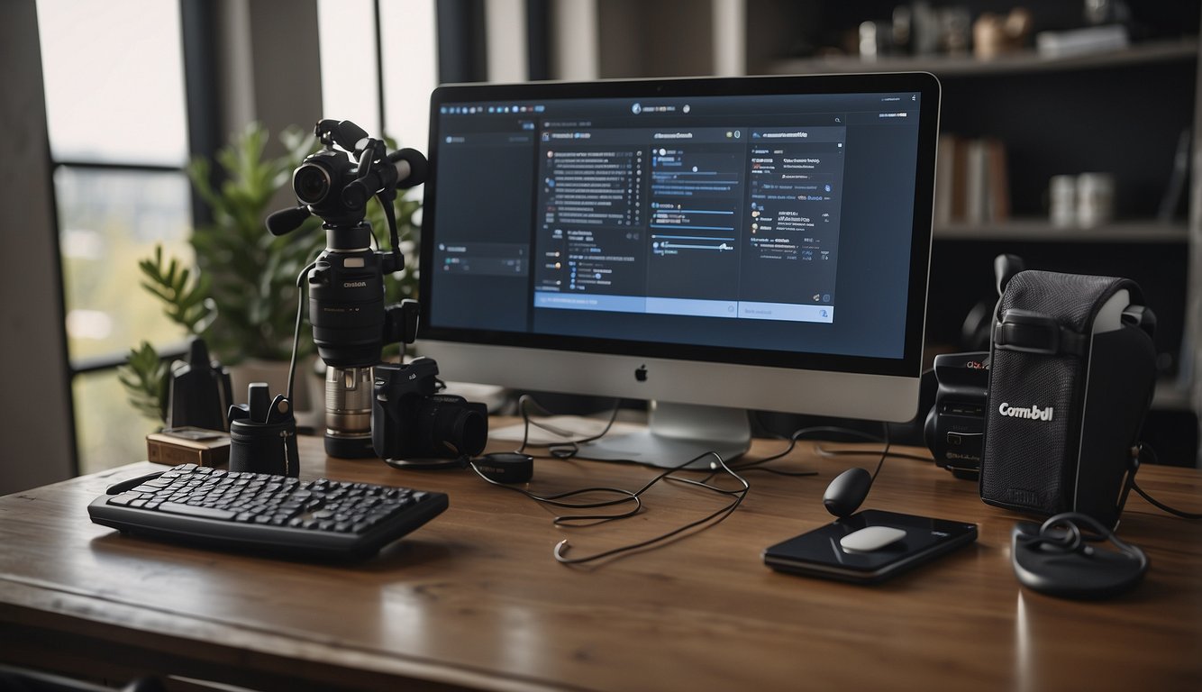 A desk with a computer, camera, microphone, and Bible. A variety of social media icons and content formats displayed on the computer screen