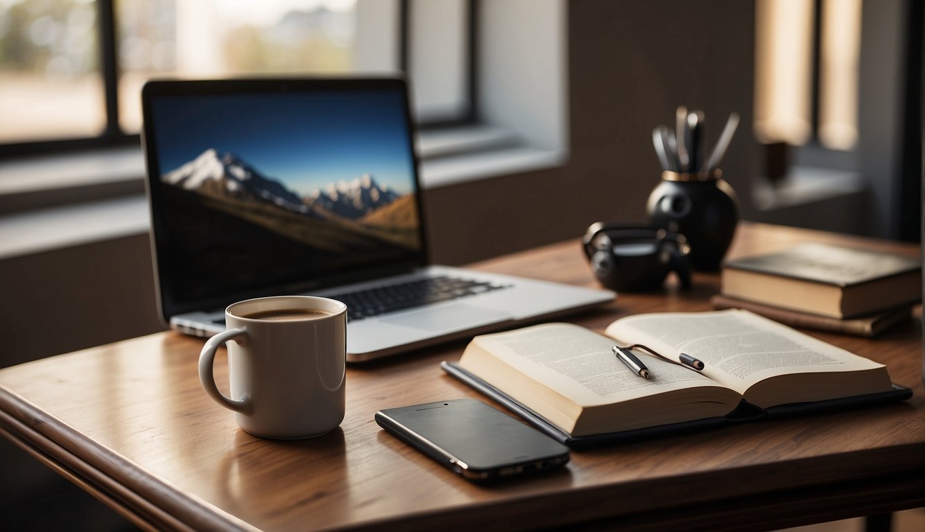 A desk with a computer, notebook, and Bible open. A pen and coffee mug sit nearby. The room is filled with natural light