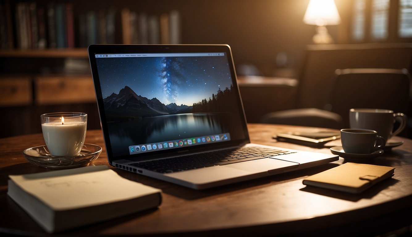 A desk with a laptop, notebook, and pen. A stack of books on Christian content creation. A warm, inviting atmosphere with soft lighting