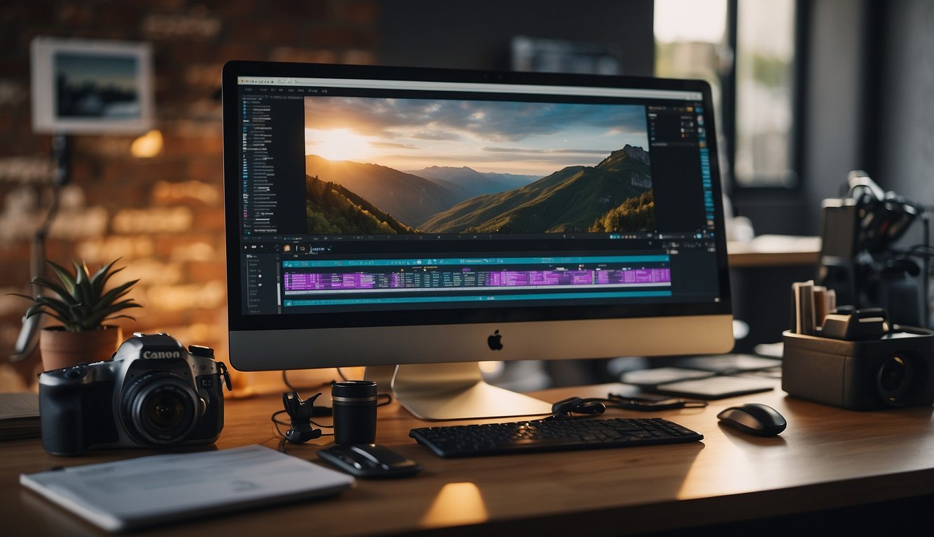 A computer screen displaying a video editing software with a Bible open on the desk, surrounded by various creative tools and equipment