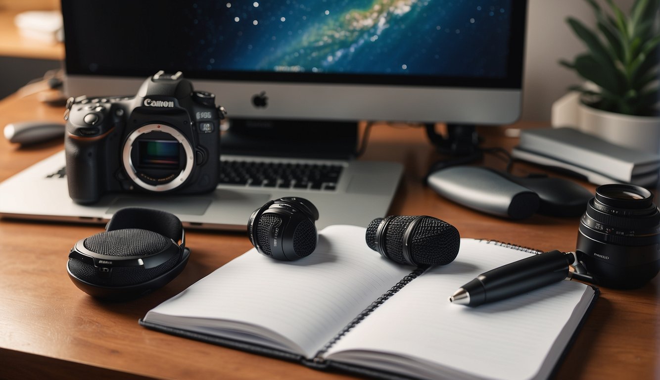 A Christian content creator sits at a desk, surrounded by a computer, microphone, and camera. A stack of books on monetization and funding is open in front of them, with a notepad and pen ready for notes