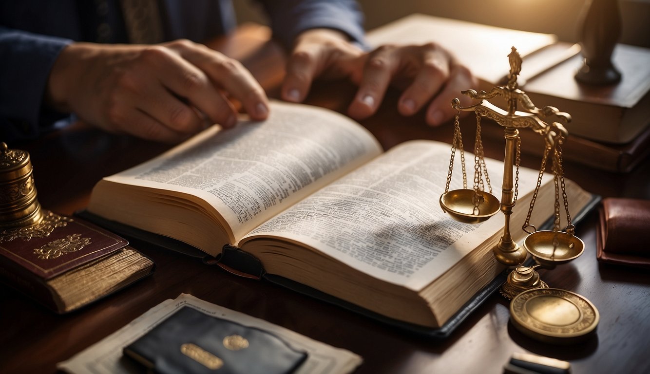 A person creating content with a Bible, surrounded by ethical and legal documents, with a scale representing balance and justice