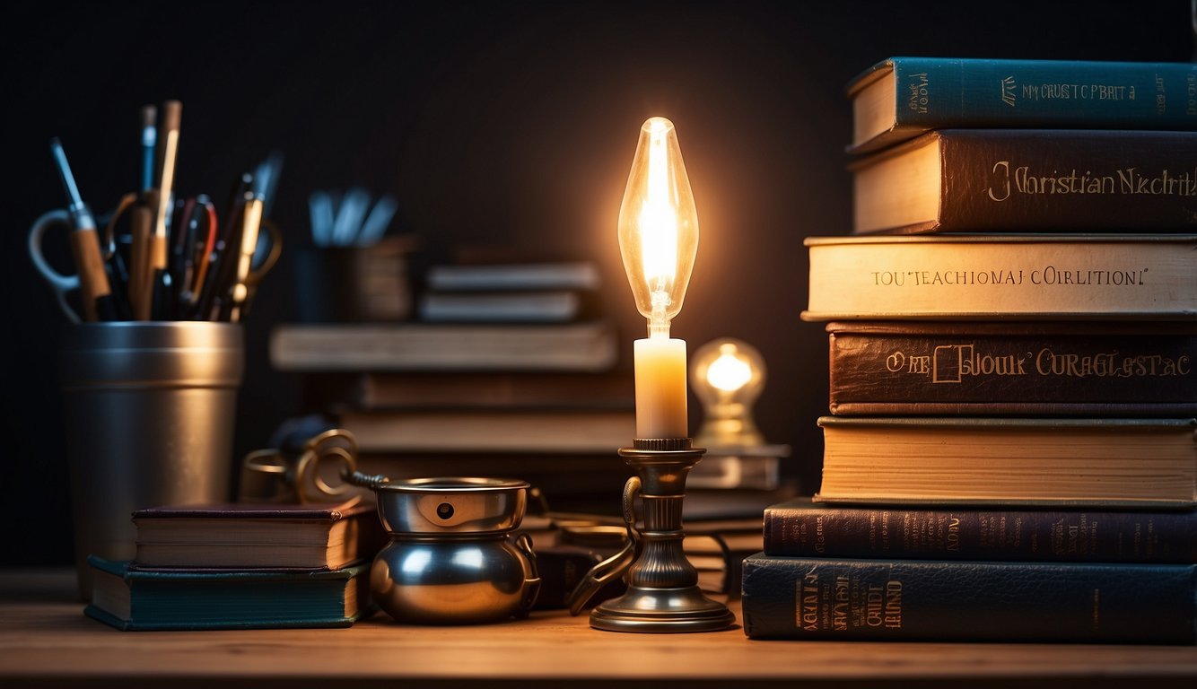 A stack of books with a glowing light above, surrounded by creative tools and a computer showing "Christian Content Creator" tutorials