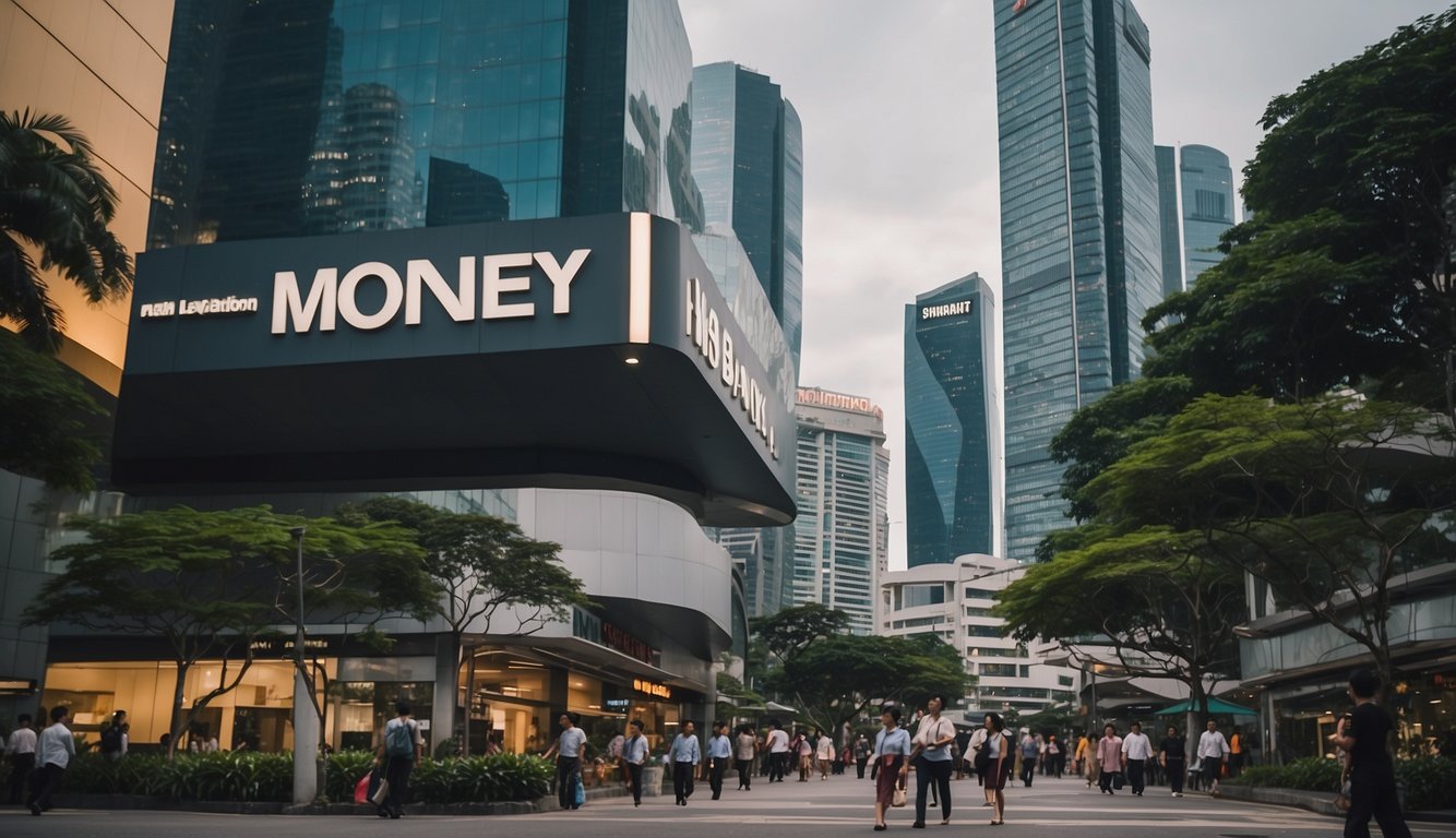 A bustling cityscape with skyscrapers and a prominent money lending office sign in Singapore. Busy streets and people walking around