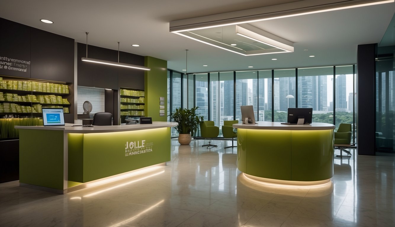 A money lender in Singapore offers unsecured loans and financial products to customers. The office is modern and professional, with sleek furniture and a clean, organized workspace. The lender's logo is prominently displayed, and there are informational brochures and pamphlets