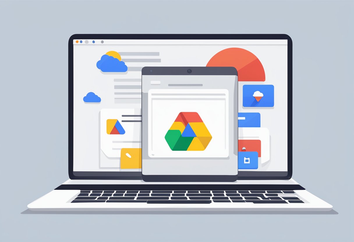 A laptop screen shows a Google Drive error message. A cloud icon with a red exclamation mark indicates storage issues