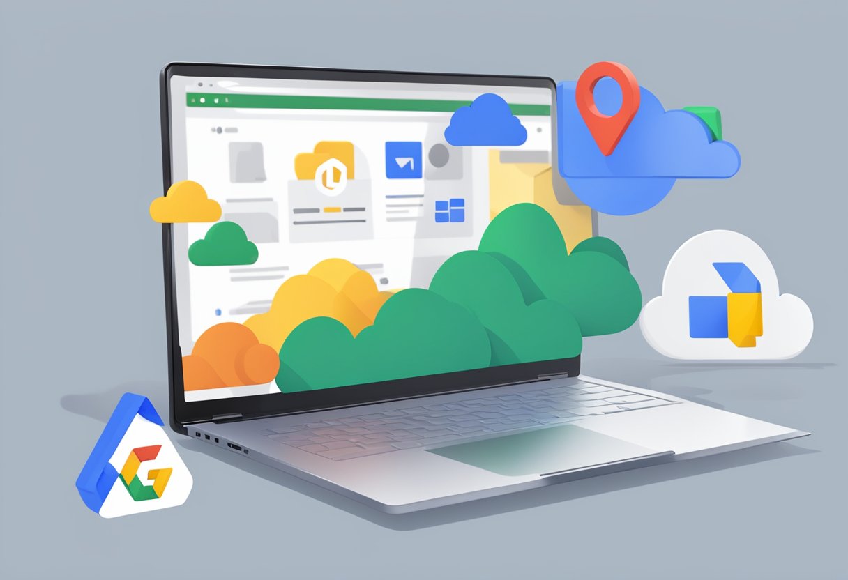 A laptop with Google Drive and Google One logos open on the screen, with a cloud icon above representing data storage