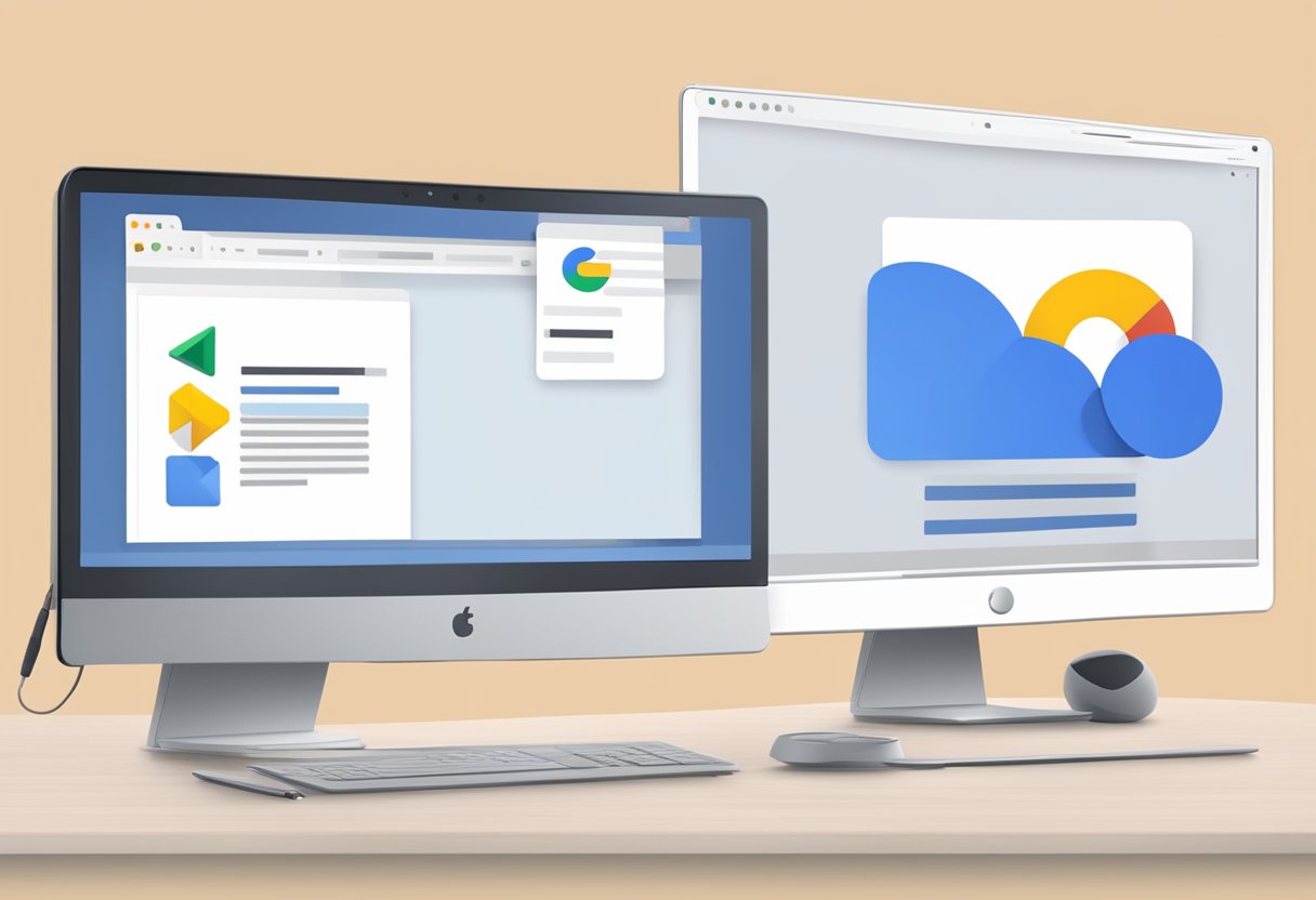 Two computer screens side by side, one displaying Google Drive and the other displaying OneDrive. Icons and features are highlighted, with arrows pointing to accessibility options
