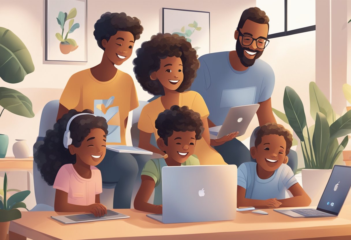 A family gathers around a computer, exploring Google One together. Smiles and excitement fill the room as they learn how to use the service