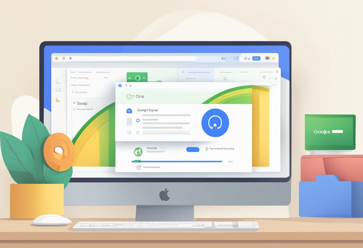 A computer screen displaying the Google One backup setup process with a progress bar and options for restoring backups