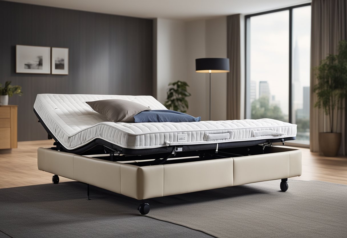 An adjustable bed with raised side rails, a remote control, and a mattress with straps