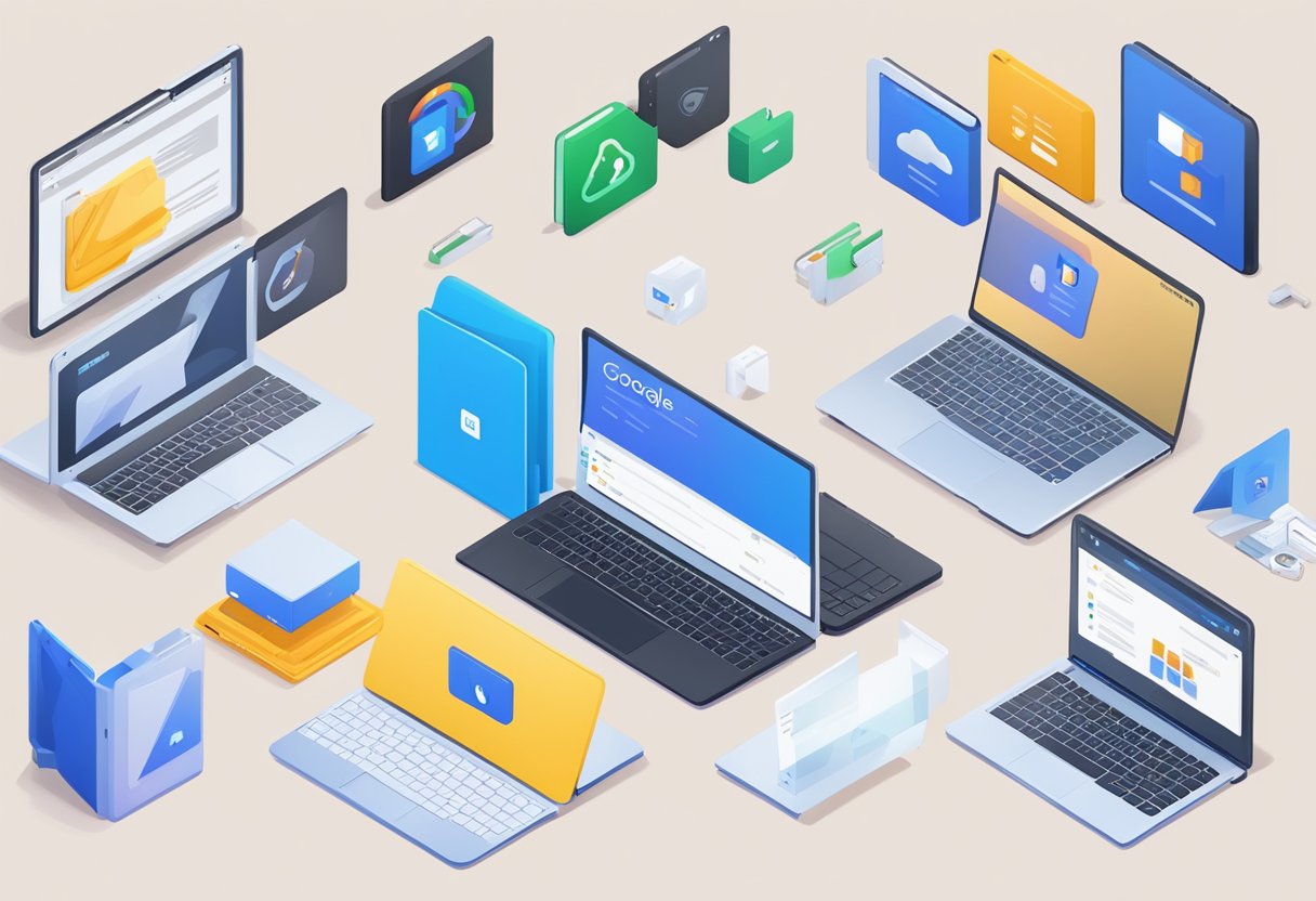 A laptop with Google One and Dropbox logos side by side, showcasing their respective features like storage, file sharing, and security options