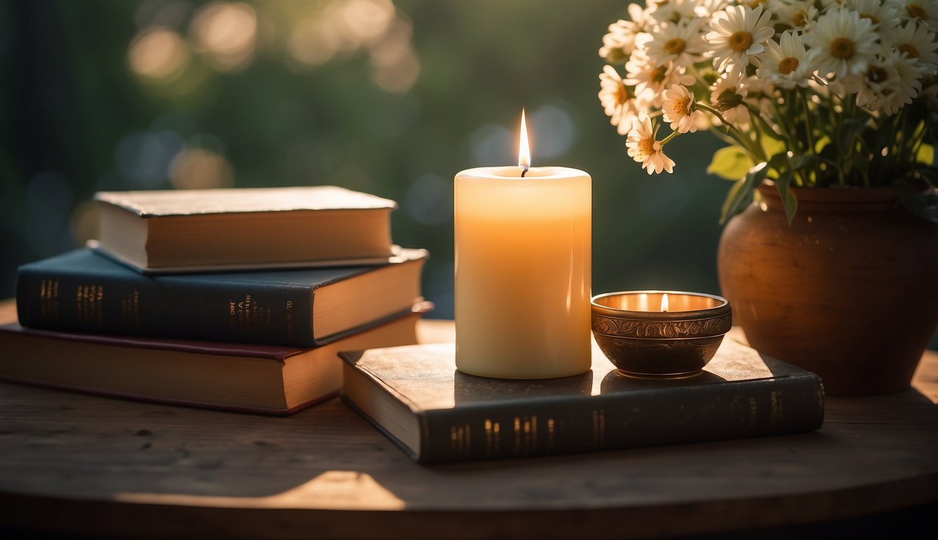 A glowing candle surrounded by blooming flowers and a stack of books, with a shining sun in the background