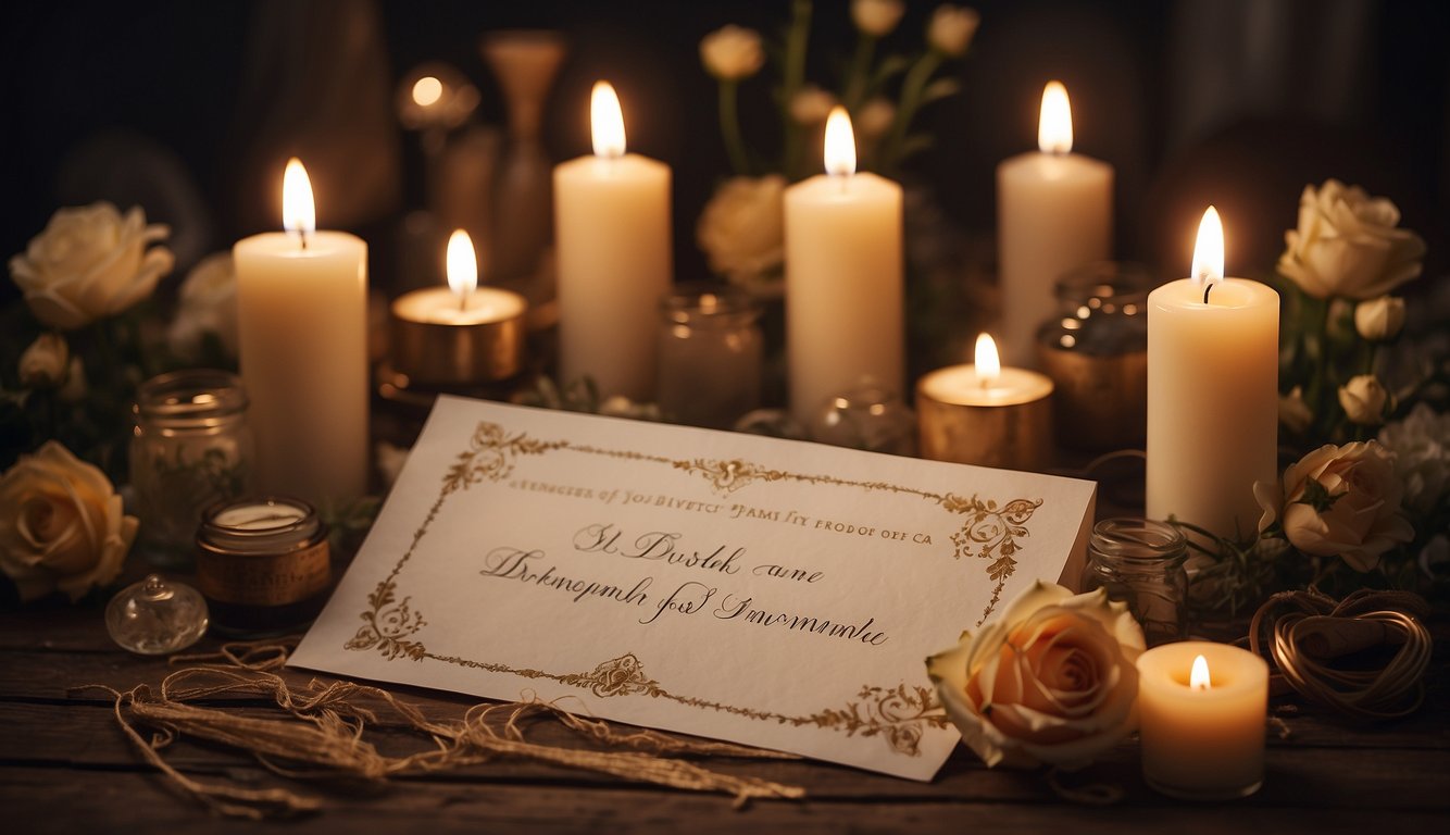 A man's name written on a piece of paper surrounded by glowing candles and a small offering of flowers and incense, symbolizing prayers for success and prosperity