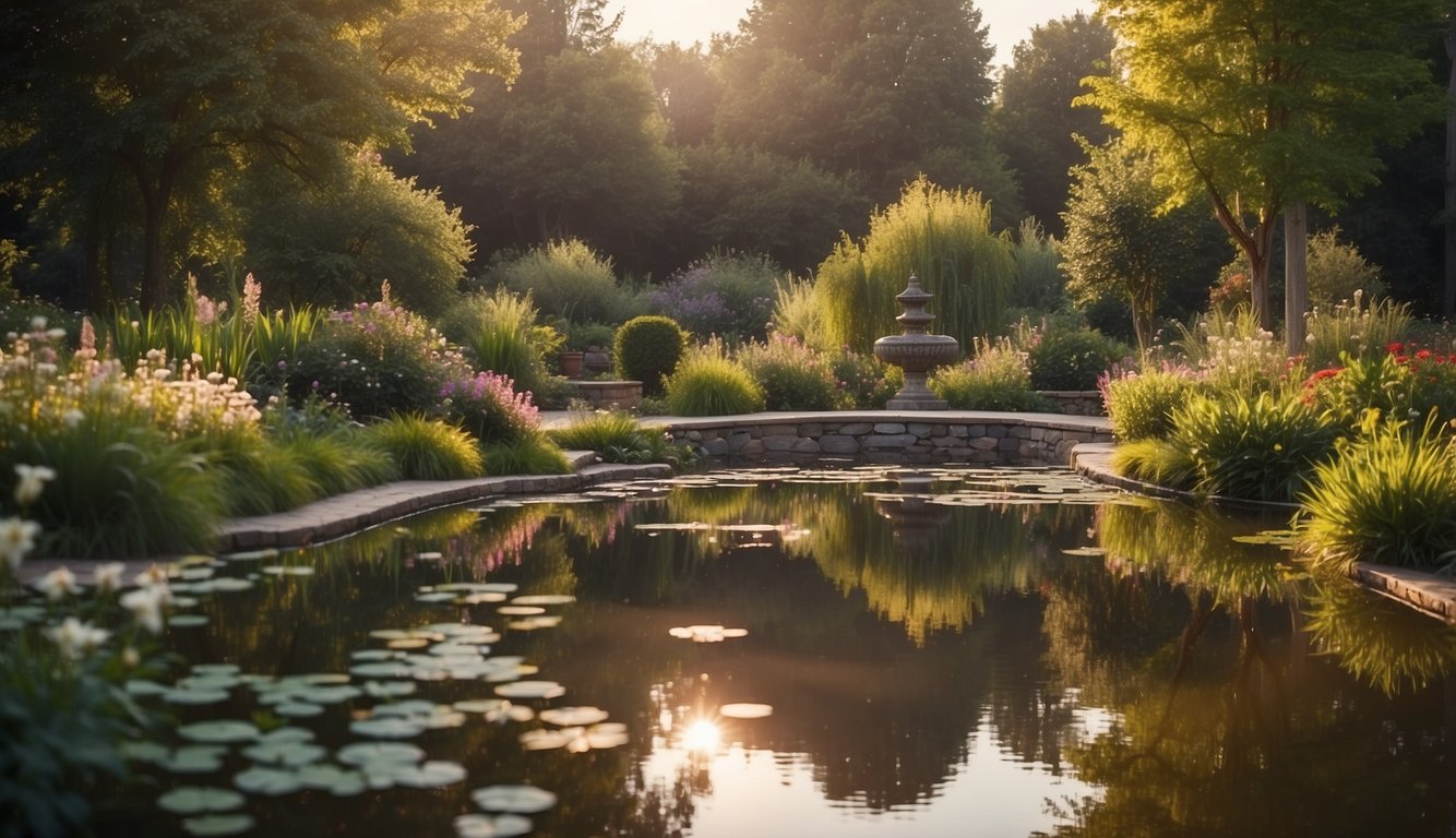 A serene garden with blooming flowers and a tranquil pond, surrounded by trees and bathed in soft sunlight