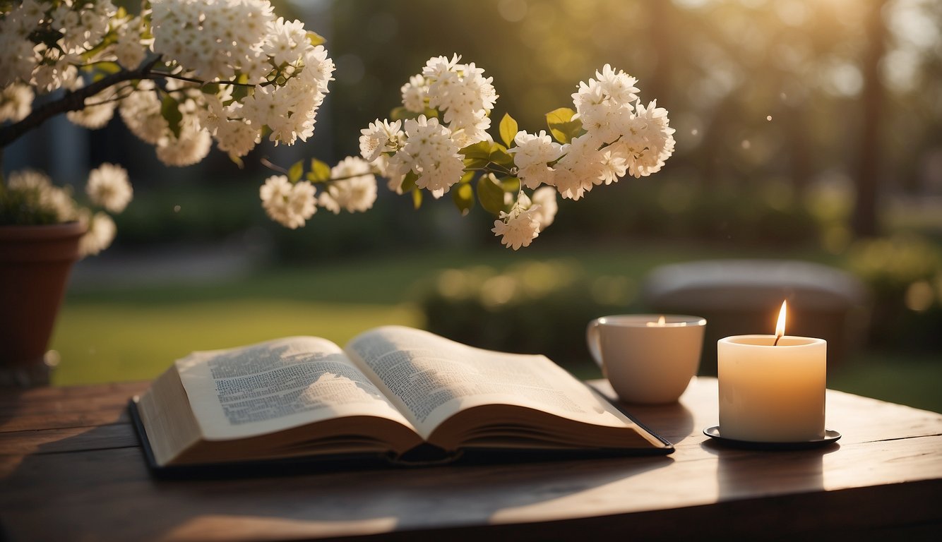 A serene garden with a blooming tree, a glowing candle, and an open book of prayers for success and prosperity