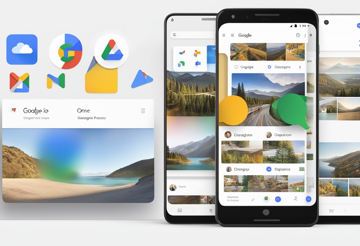 A split-screen showing Google One and Google Photos side by side, with Google One offering storage options and Google Photos displaying photo organization features