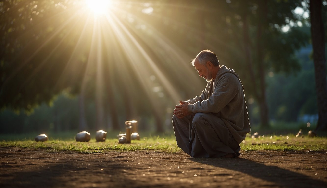 A serene figure kneels in prayer, surrounded by symbols of success and prosperity. Rays of light illuminate the scene, creating a peaceful and hopeful atmosphere