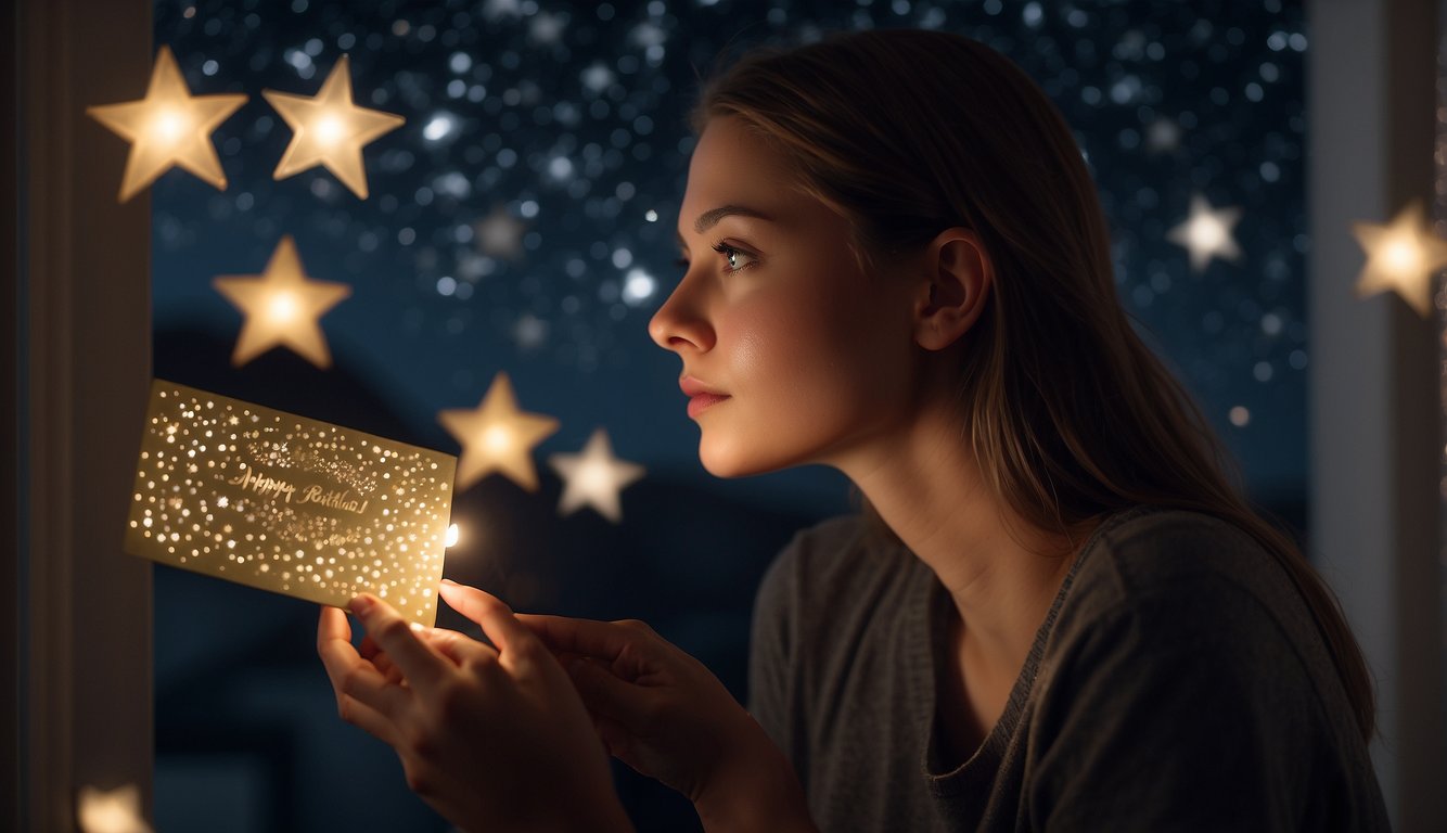 A girl gazes at the stars from her window, holding a birthday card with heartfelt wishes for her distant girlfriend