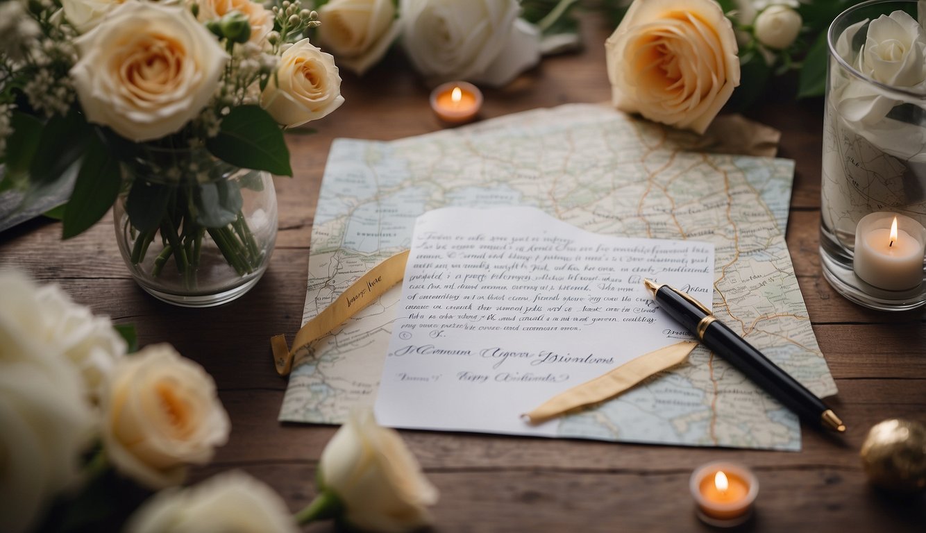 A handwritten letter with heartfelt birthday wishes, surrounded by a map, a photo of the couple, and a bouquet of flowers
