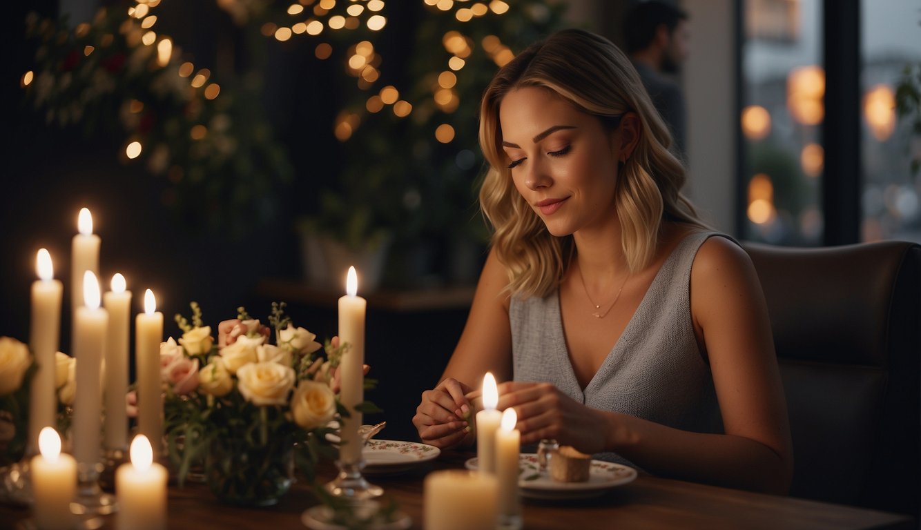 A girl sits alone at a table adorned with candles and flowers, gazing at her phone as she receives heartfelt birthday messages from her long-distance partner