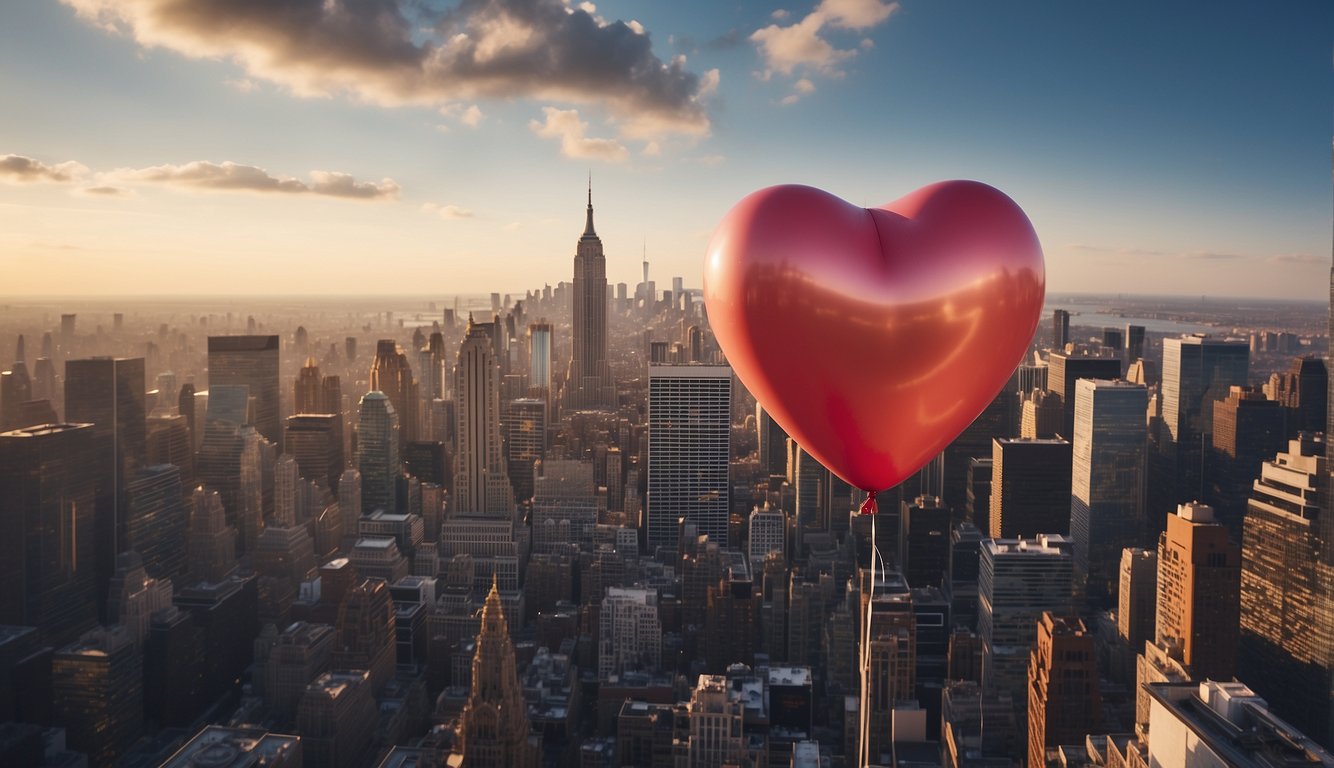 A heart-shaped balloon floats above a city skyline, carrying a message of birthday wishes to a distant girlfriend
