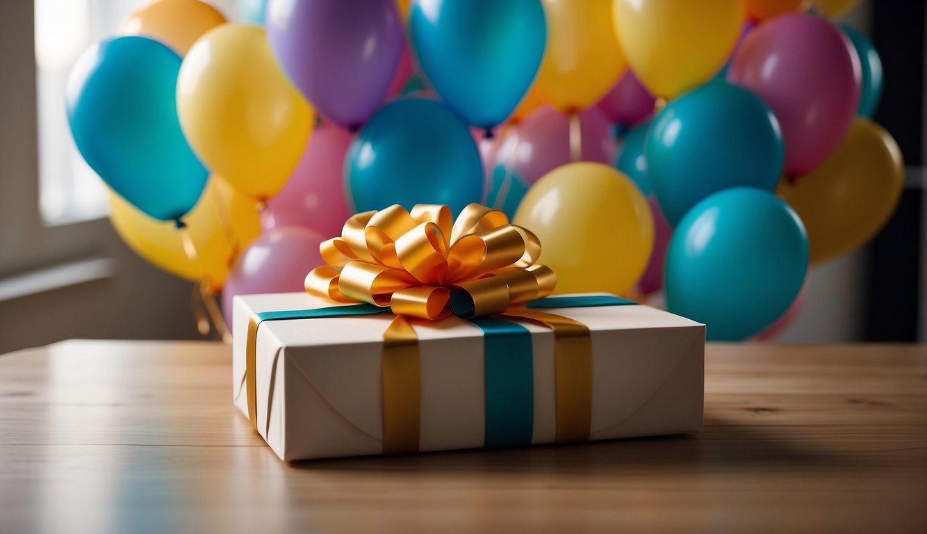 A beautifully wrapped gift box sits on a table, surrounded by colorful balloons and a handwritten birthday card. The room is filled with warmth and excitement, ready to surprise a long-distance girlfriend