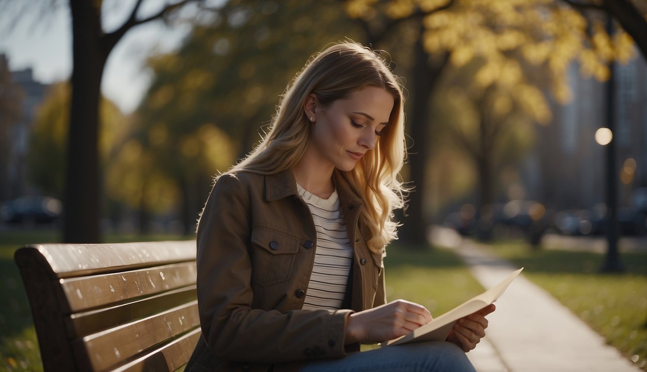 A girl sits alone on a park bench, reading a heartfelt birthday card from her long-distance girlfriend. Tears well up in her eyes as she feels the love and warmth from the words written on the paper