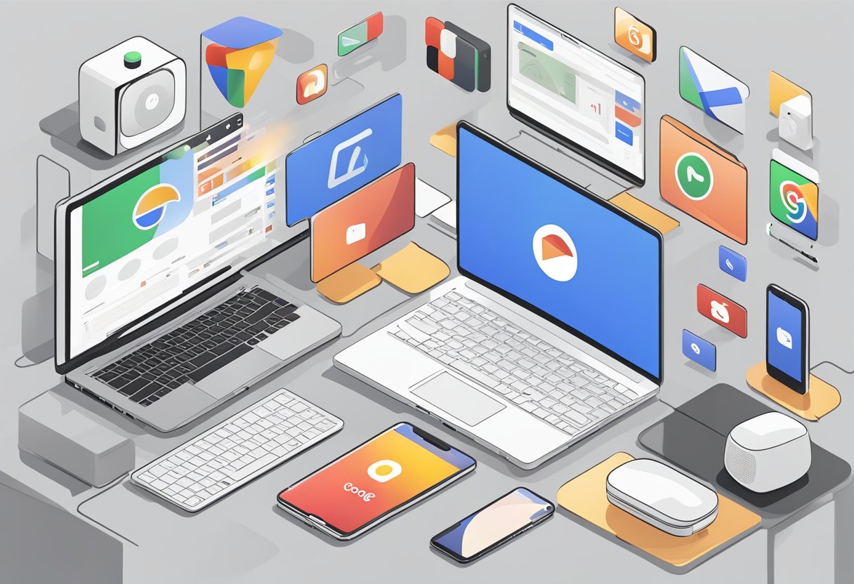 A laptop displaying Google One and YouTube Premium logos, surrounded by digital devices and a Google Home speaker