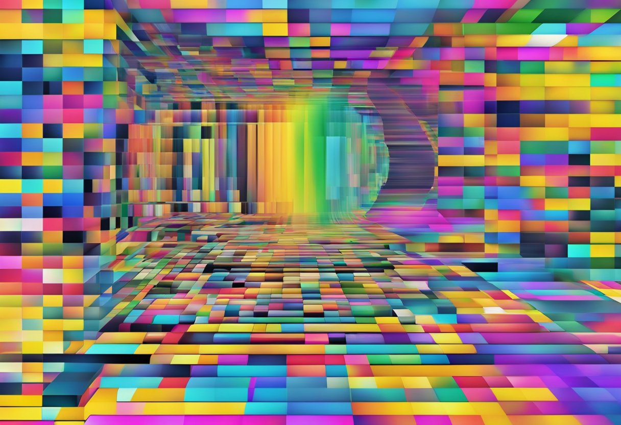 A computer screen displaying distorted graphics with glitched pixels and color aberrations