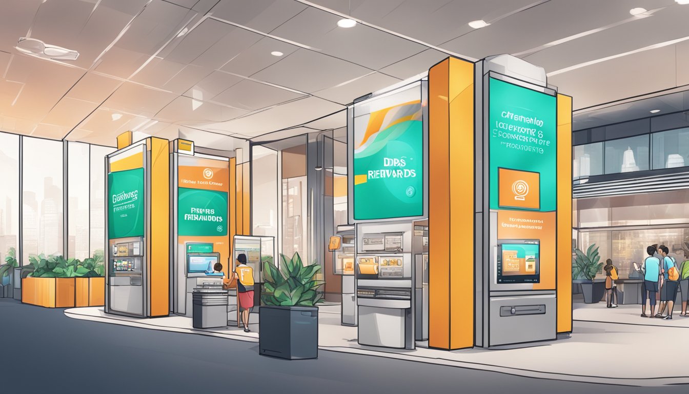 A digital screen displaying exclusive partnership offers for DBS rewards redemption in Singapore