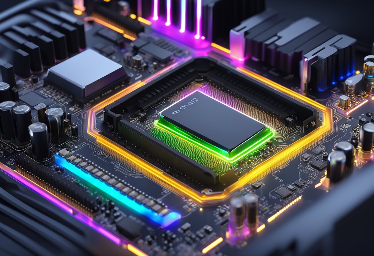 A computer motherboard with a sleek, metallic GPU backplate installed, reflecting the glow of colorful LED lights from the surrounding components