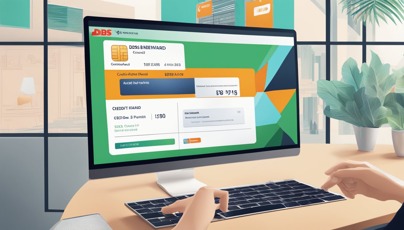 A hand holding a DBS credit card, with the dbs rewards website displayed on a computer screen in the background, set in a modern Singaporean environment