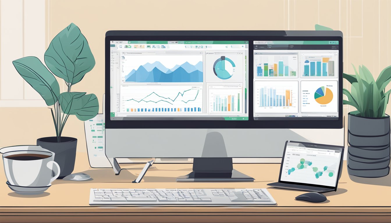 A computer screen displaying the DBS robo advisor interface with charts and graphs, a keyboard and mouse nearby, and a cup of coffee on the desk