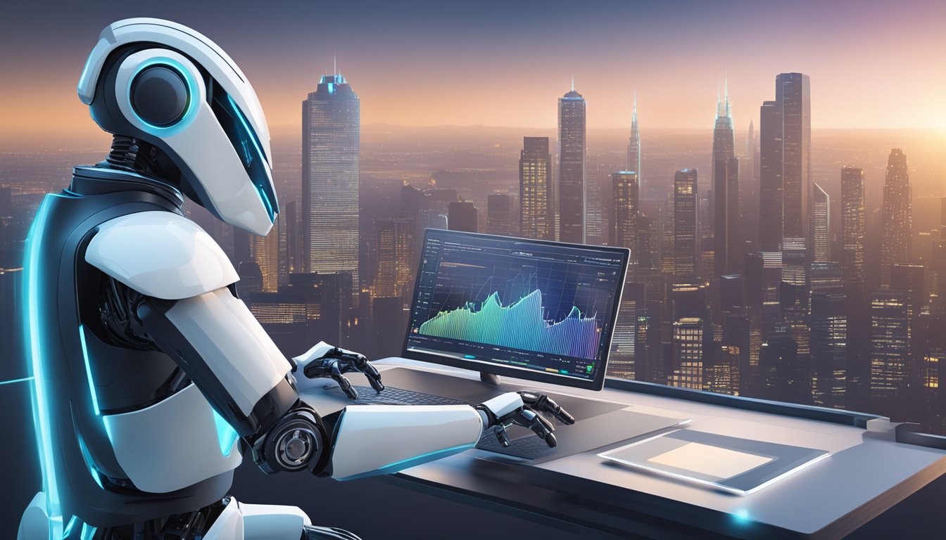 A sleek, futuristic robot interface displays financial data and investment options, with a backdrop of cityscape