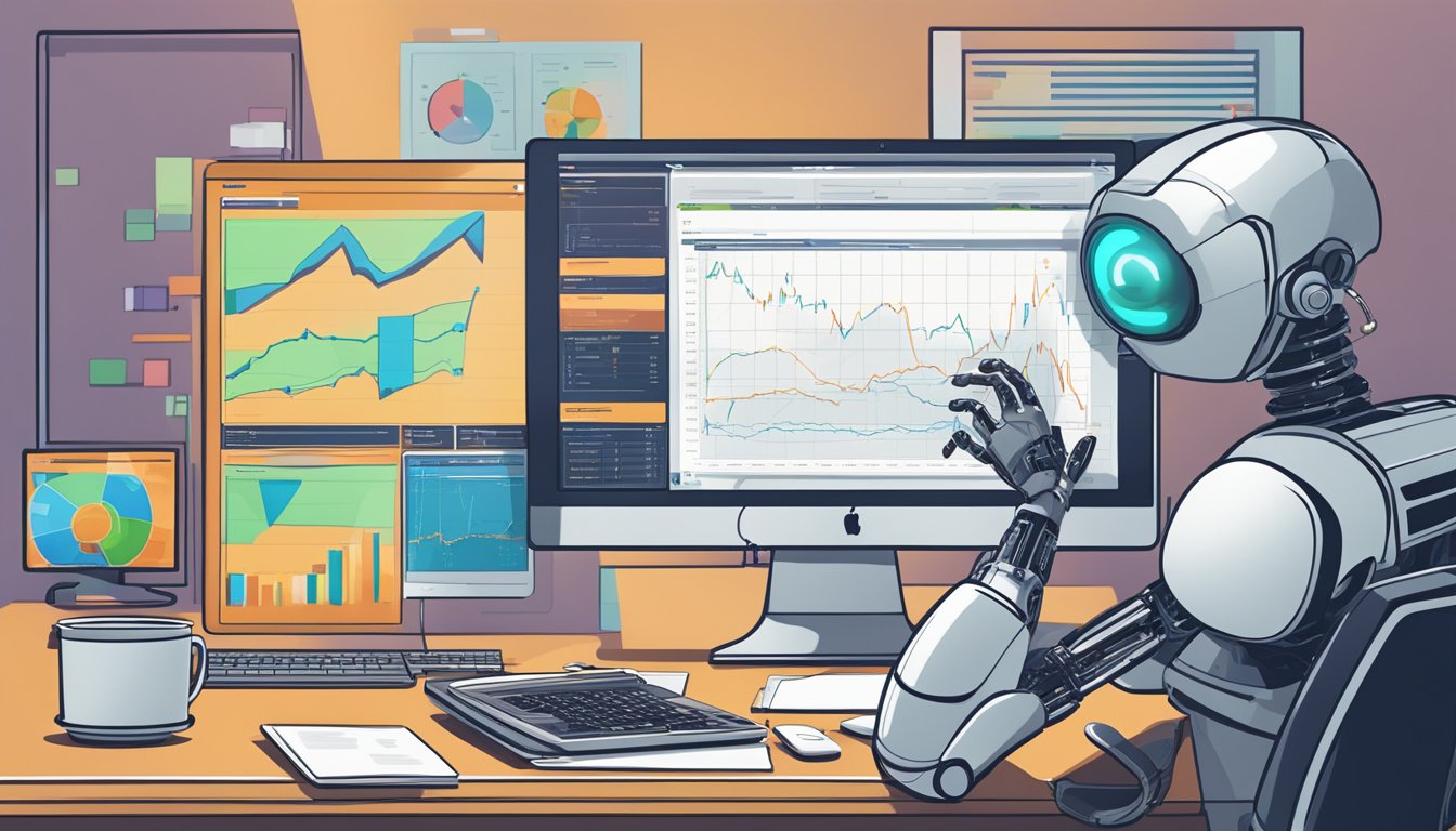 A computer screen displaying investment strategies and asset allocation charts and graphs, with a robotic hand hovering over a mouse, ready to make adjustments