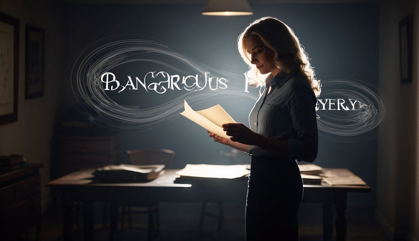 A woman stands in a dark room, surrounded by swirling shadows. She clutches a piece of paper with the words "Dangerous Prayers" written on it, as she desperately tries to keep the other woman away from her husband