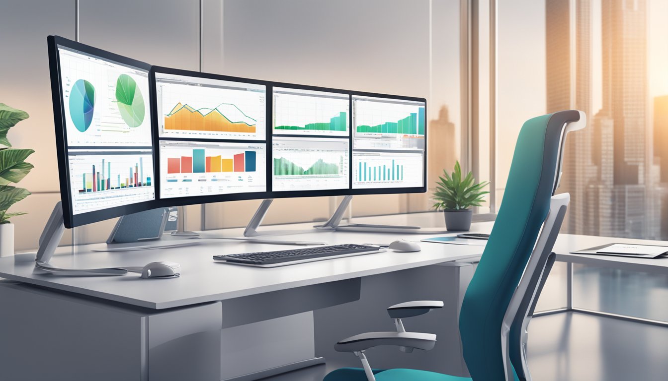 A sleek, modern office desk with a computer screen displaying investment charts and graphs. A DBS logo is visible on the screen, with a robotic hand reaching out to touch the screen