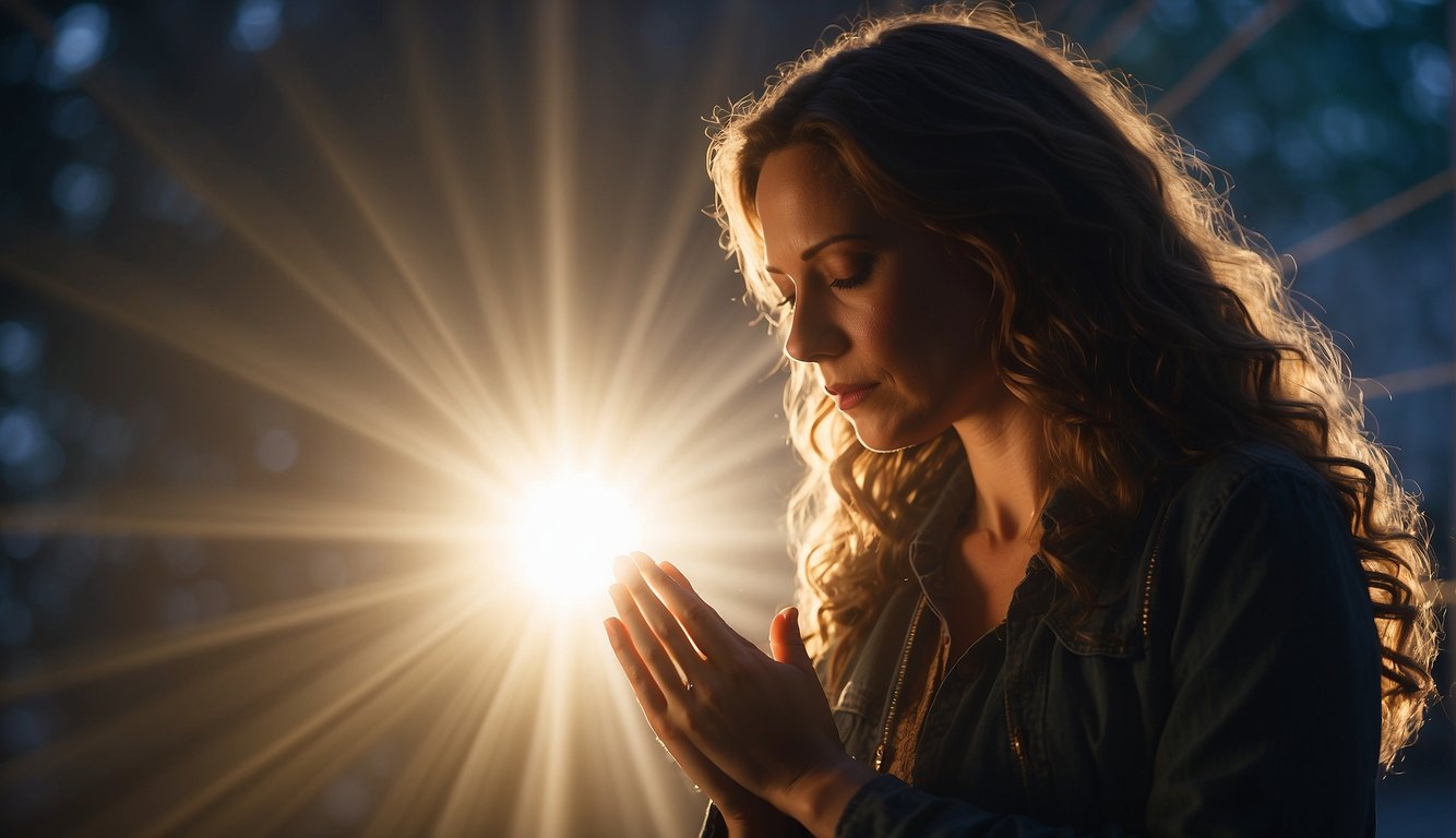 A woman kneels in prayer, surrounded by a glowing aura. Her outstretched arms create a protective barrier, pushing back a shadowy figure representing the other woman