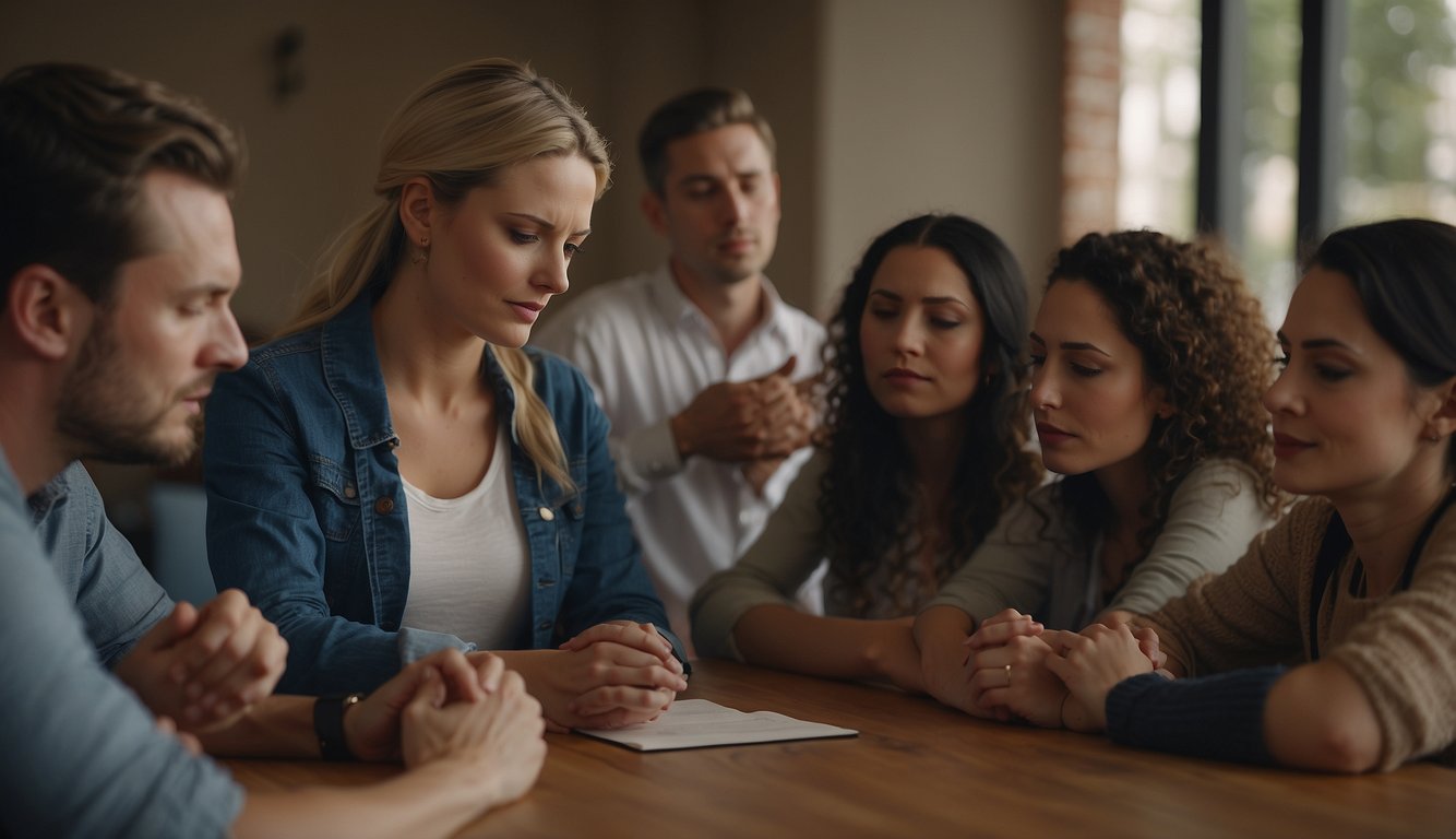 A woman prays fervently, surrounded by supportive friends and a professional counselor, to keep the other woman away from her husband