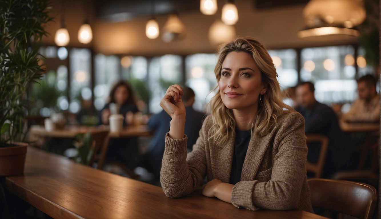 A woman sitting in a cozy café, engaged in deep conversation with someone. Her expressive eyes and animated gestures convey her emotional depth as she listens and responds thoughtfully