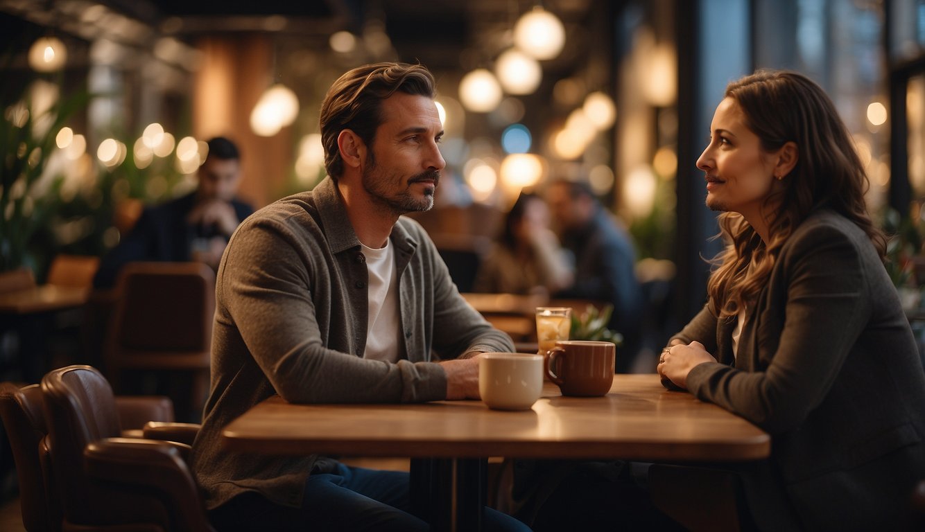 A woman sitting across from a man, engaged in conversation. The woman looks interested and engaged, while the man listens attentively, asking thoughtful questions. The setting is a cozy cafe with warm lighting and comfortable seating