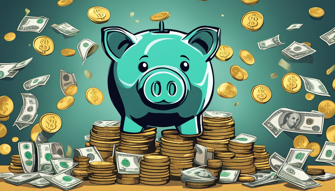 A piggy bank sits on a desk, surrounded by stacks of coins and dollar bills, with the DBS logo prominently displayed in the background