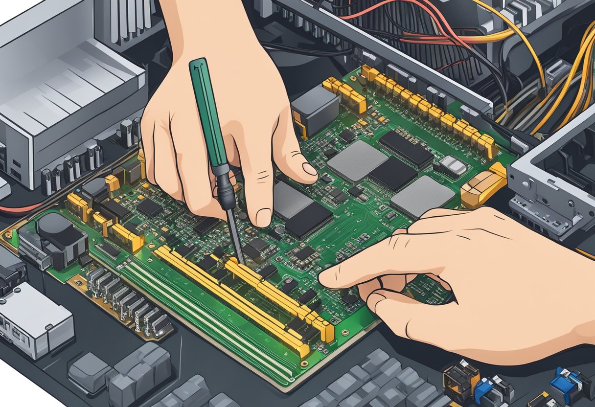 A hand adjusts a GPU fan control switch on a computer motherboard, with a screwdriver nearby for fixing