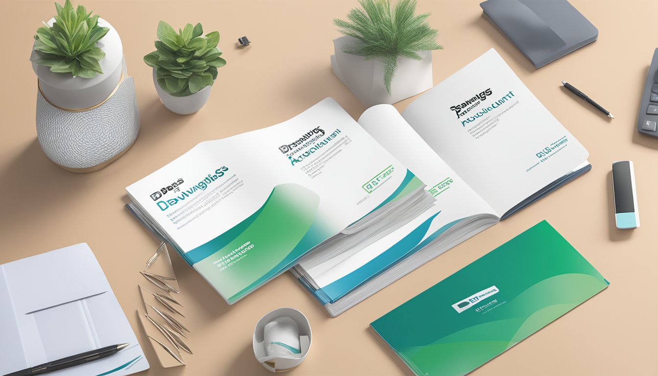 A stack of DBS Savings Account brochures on a clean, modern desk with a laptop and pen nearby. A logo prominently displayed in the corner