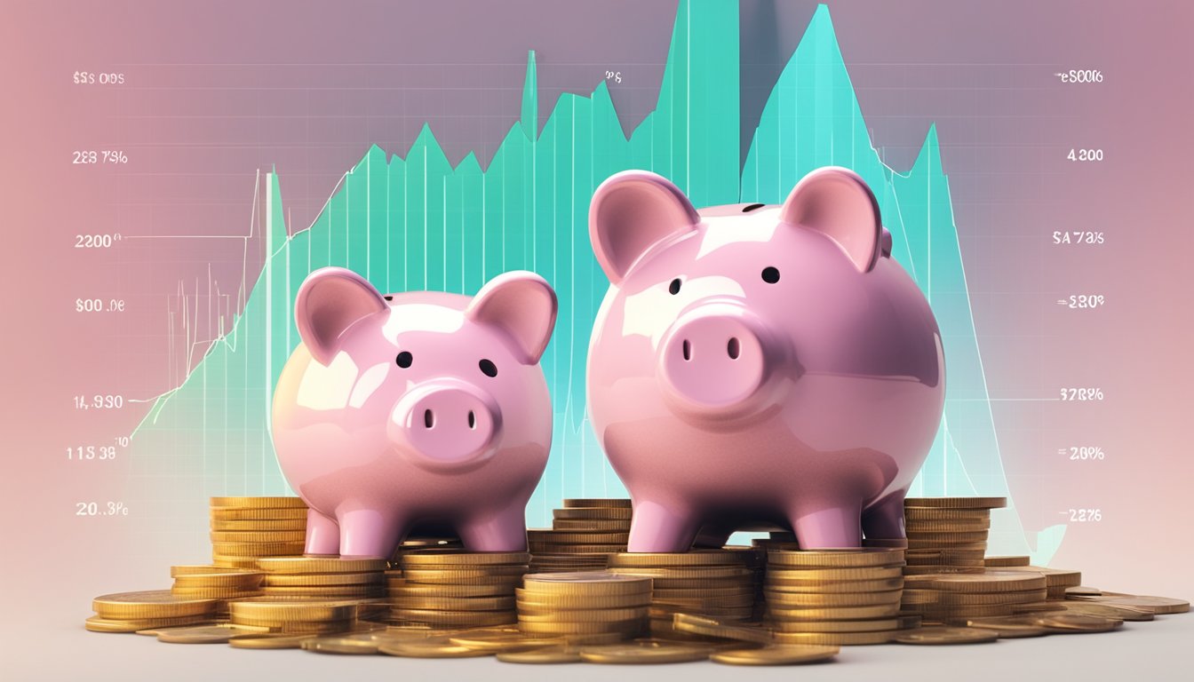 A piggy bank sits atop a pile of coins, with a graph showing rising interest rates and benefits in the background